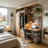 Contemporary commercial higher education furniture featuring a two-tone white and natural oak student desk wardrobe unit with storage drawers in a modern residence hall