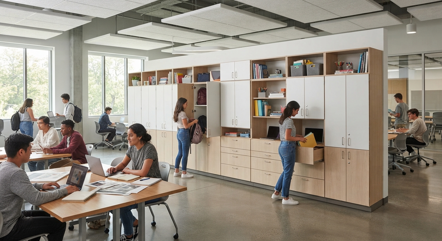 Collaborative Learning Storage units integrated with Modular School Furniture inside an active campus study center