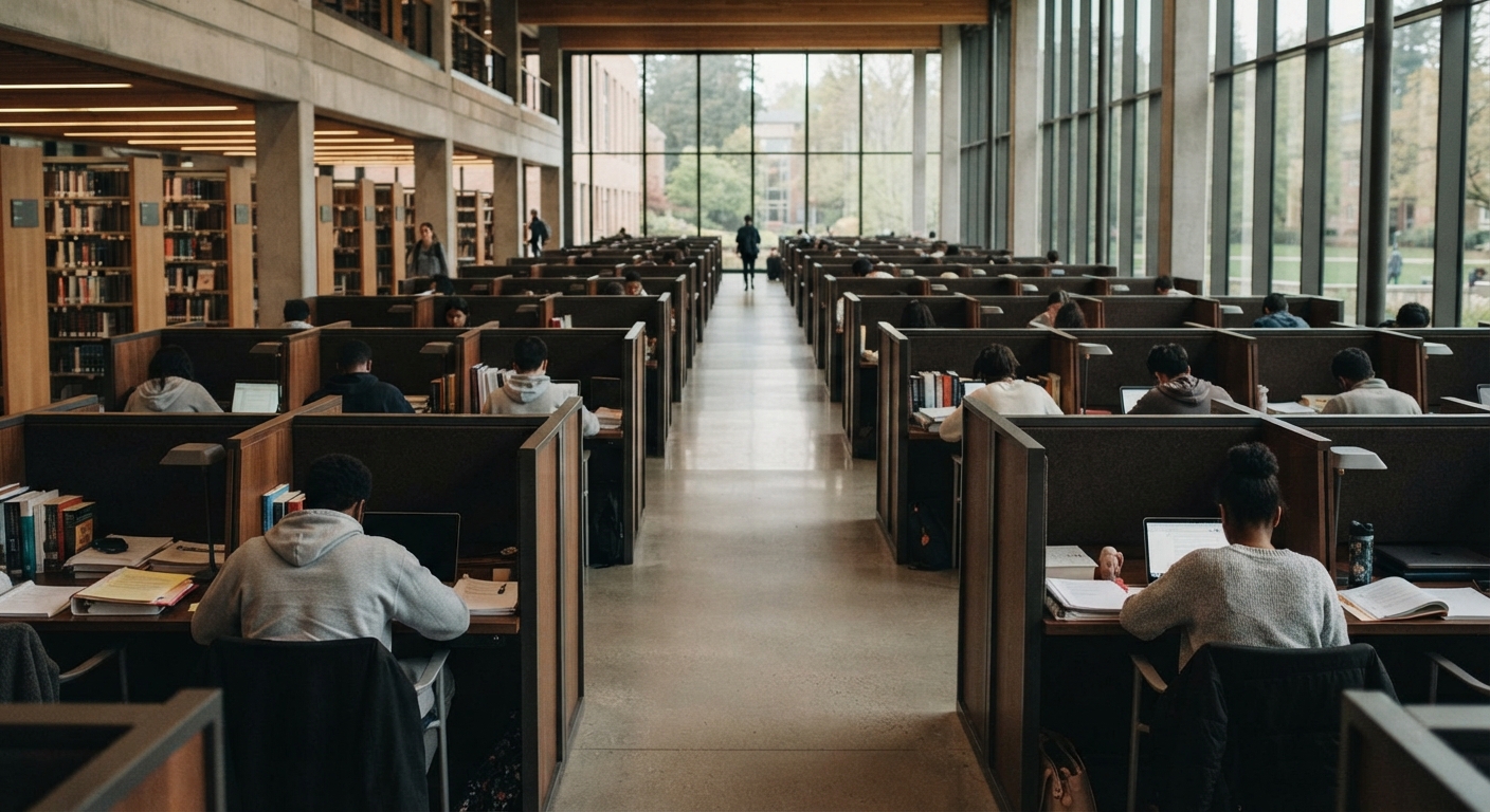 High-performance privacy study carrel rows arranged in a spacious university resource center