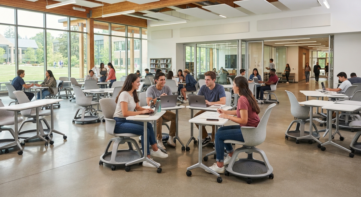 Modern flexible classroom furniture with mobile desks and chairs arranged for active student collaboration in a bright university hall