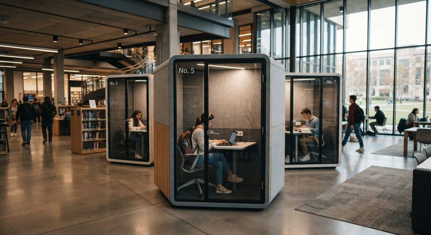 A row of modular acoustic study pods, numbered for quiet individual study sessions in an academic setting