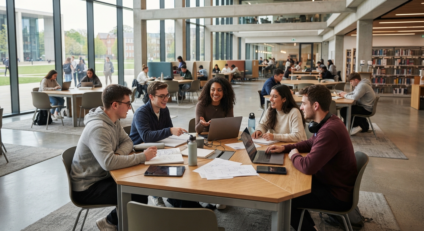 Students collaborating around a modern wooden university study desk in a bright campus library.