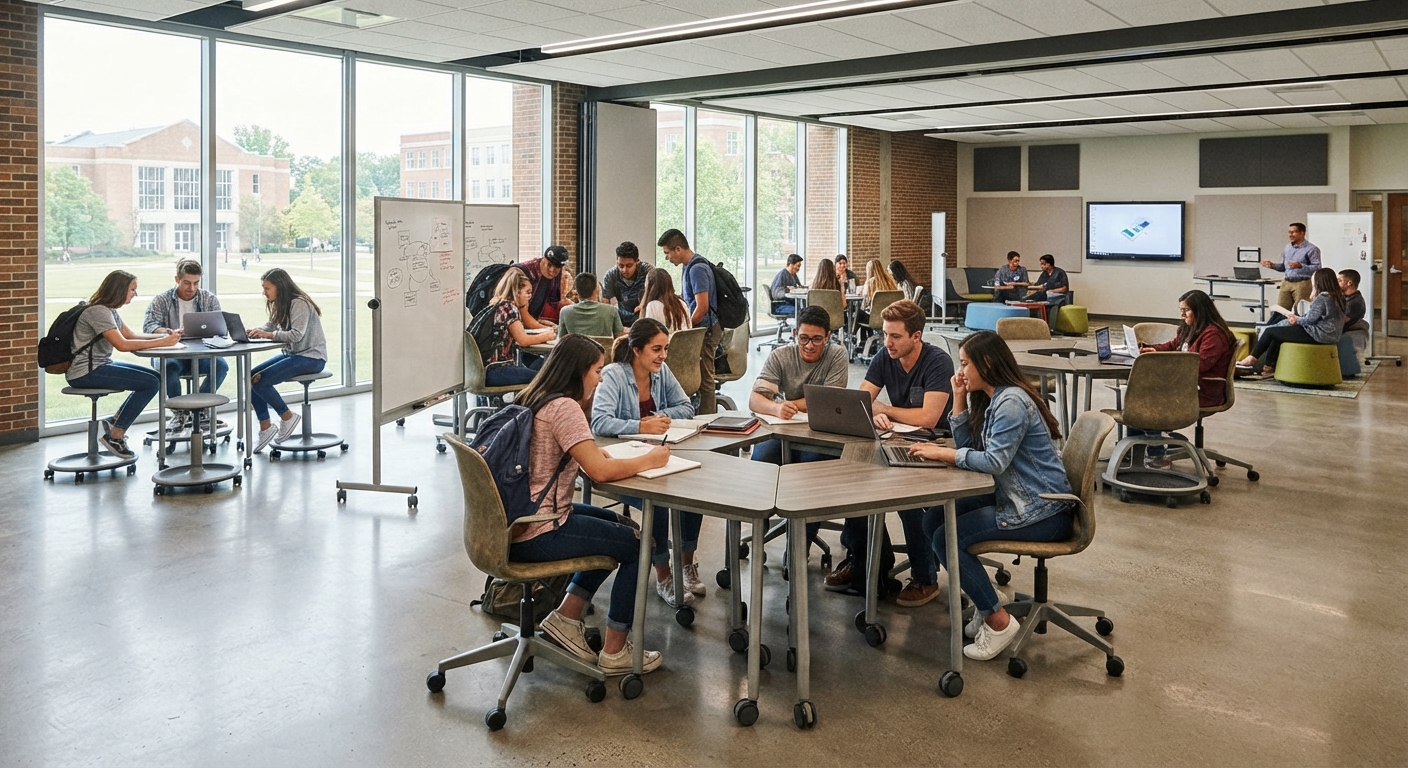 A versatile active learning studio designed for higher education, featuring colorful, uniquely shaped mobile student desks and ergonomic rolling chairs arranged in collaborative clusters.