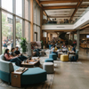 Spacious university library atrium with diverse students studying on modular soft lounge seating and armchairs, overlooked by a wooden staircase.
