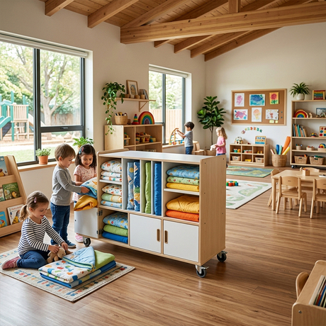Space-Saving Mobile Daycare Bedding Storage Cabinet