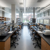 Ergonomic University Lab Chairs with Chrome Foot Rings along Black Workstations