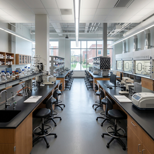 Ergonomic University Lab Chairs with Chrome Foot Rings along Black Workstations