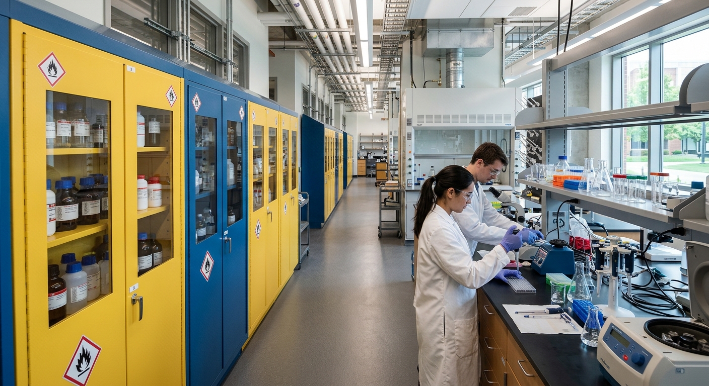 Yellow and blue anti-corrosive chemical safety cabinets for corrosive acid and base reagent storage