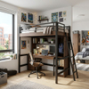 Heavy duty industrial metal frame loft bed with desk and bookshelf storage for dorms