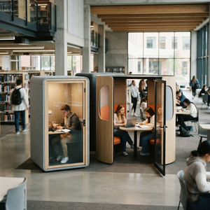 Group study pod with orange seating and large display screen, situated next to a single soundproof booth in a library