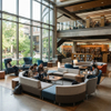 University students studying in open library spaces featuring curved modular lounge chairs and collaborative sofas.