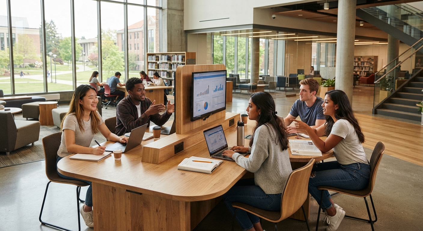 Students working at a campus collaboration table featuring a built-in media screen and power outlets.