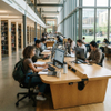 A detailed shot of students seated at a curved, wooden library computer desk, with a woman in the foreground using a laptop and a monitor, notebooks, a coffee mug, and a water bottle on the desk, and bookshelves and large windows in the background.