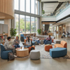 Lively higher education student center with groups of students using modular curved soft seating and ottomans for social and academic activities.