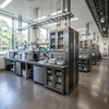 Stainless steel Instrument Cabinets with clear glass doors in a modern chemistry research facility