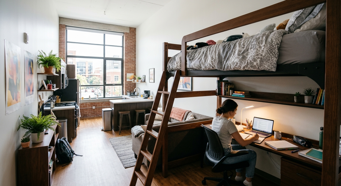 Solid oak space saving student loft bed with study desk and safety wooden ladder