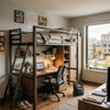 Modern Student Apartment Bed with Integrated Desk and Steel Loft Frame in Dorm Room