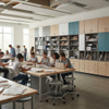 Higher Education Storage arrangement showing Custom Classroom Storage Cabinets in a collaborative university classroom setting