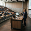 Professor Desk executive workstation with ergonomic rolling chair in a contemporary university auditorium