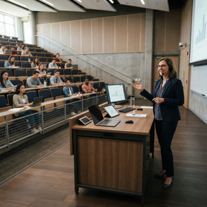 Professor Desk executive workstation with ergonomic rolling chair in a contemporary university auditorium