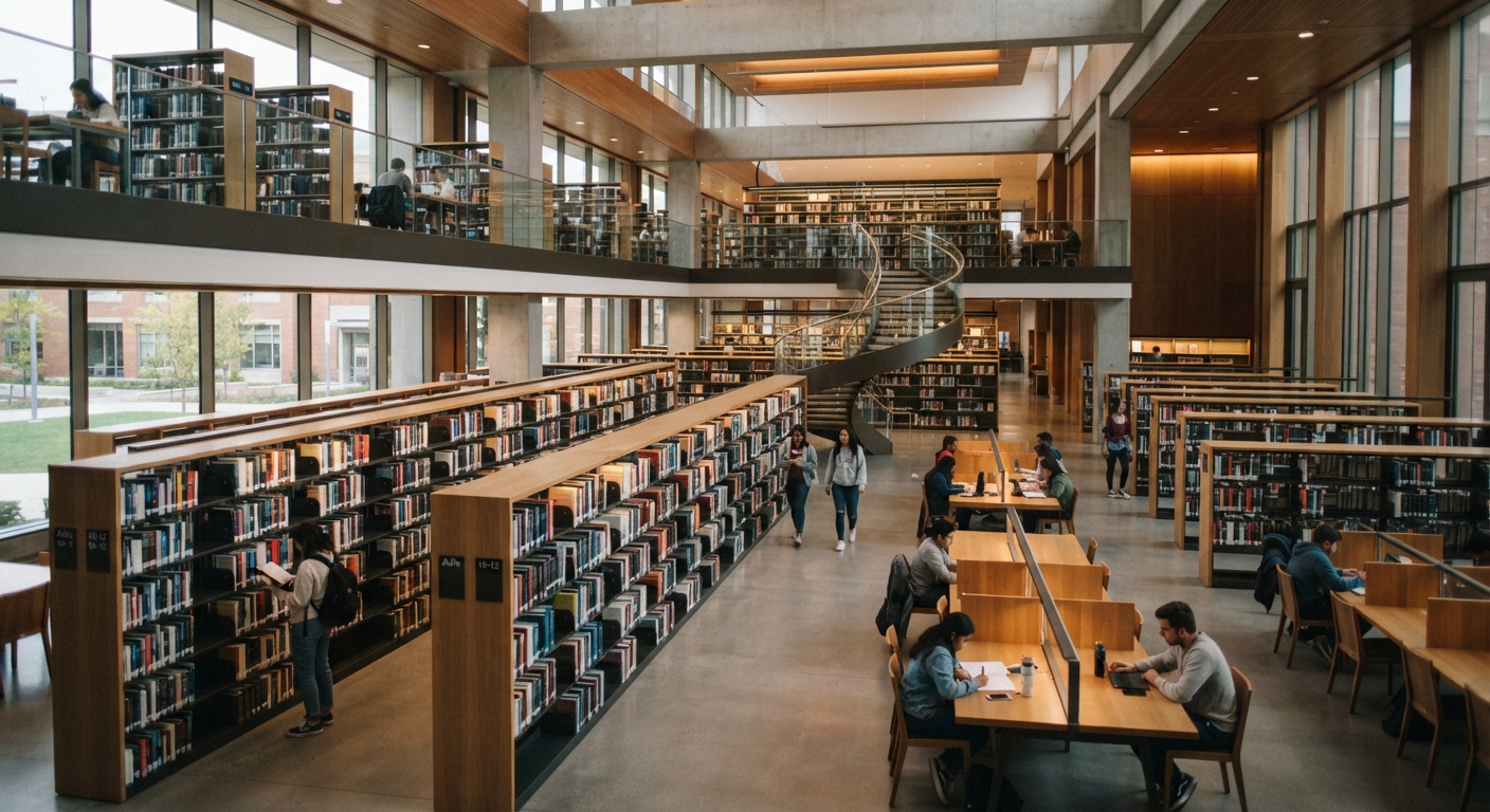 Modern multi-level university library featuring heavy-duty metal and wood library shelving and student study spaces
