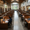Commercial university study furniture featuring private student desks and modular library carrels