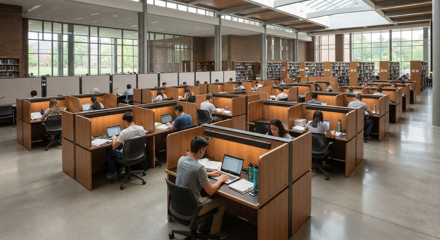 Close-up view of a single, empty, modern privacy study table in an academic library, featuring a warm LED task light, a laptop, a notebook, and a water bottle on a wood-grain surface, surrounded by high grey acoustic felt dividers.