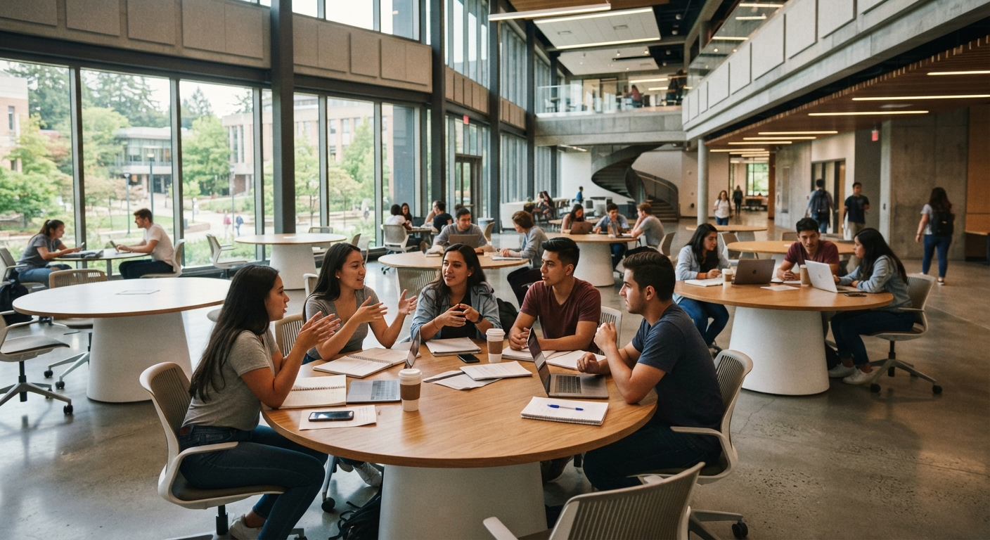 Bulk higher education furniture setup featuring circular discussion tables for university library group work and breakout sessions