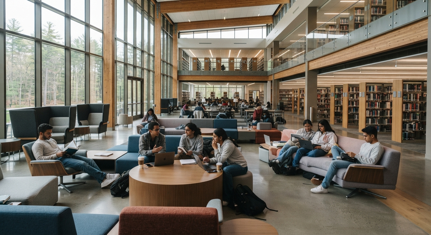 Spacious academic open spaces furniture with grey and blue curved modular lounge sofas and study desks.