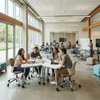 Bright, sunlit higher education active learning space featuring multiple groups of students working on laptops at flexible, modular collaboration tables with wheels.