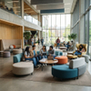 Bright and modern higher ed student lounge with blue and grey curved modular soft seating, a central coffee table, and large windows overlooking campus.