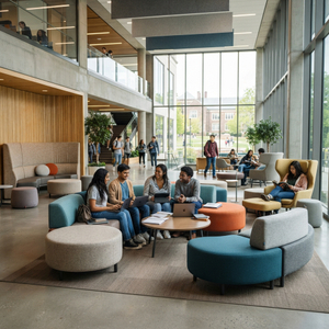 Bright and modern higher ed student lounge with blue and grey curved modular soft seating, a central coffee table, and large windows overlooking campus.