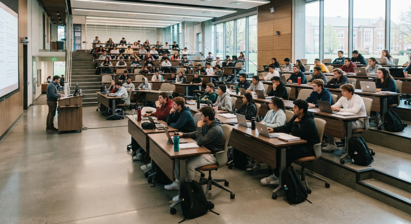 Students using college lecture tables and ergonomic seating during a full-capacity university class