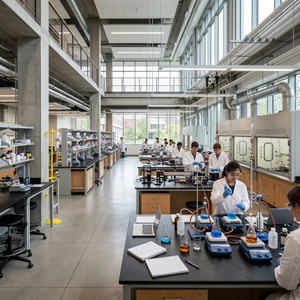 Commercial lab furniture and modular physics lab workbenches installed in a multi-level higher education science building