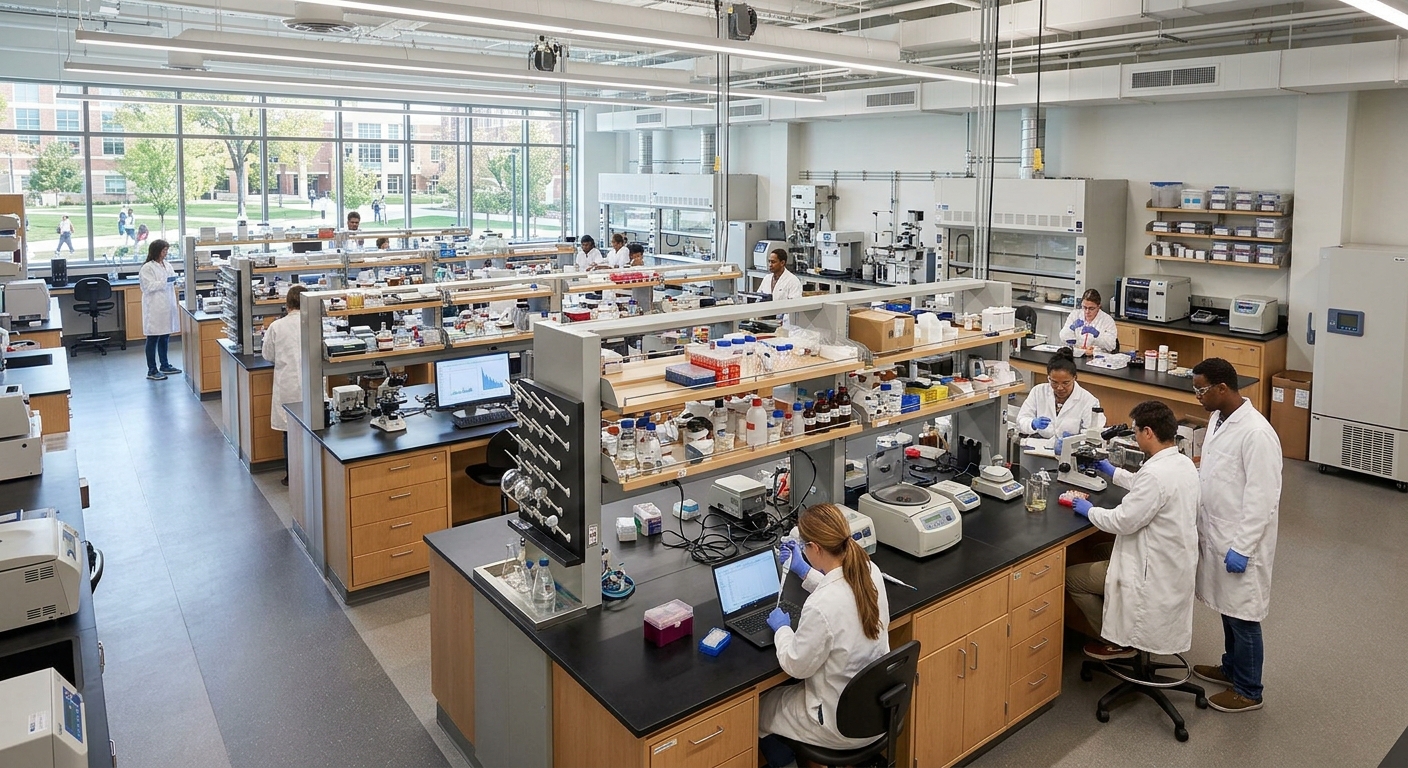 Ergonomic central island benches with chemical resistant black countertops and integrated fume hood units in a life science lab
