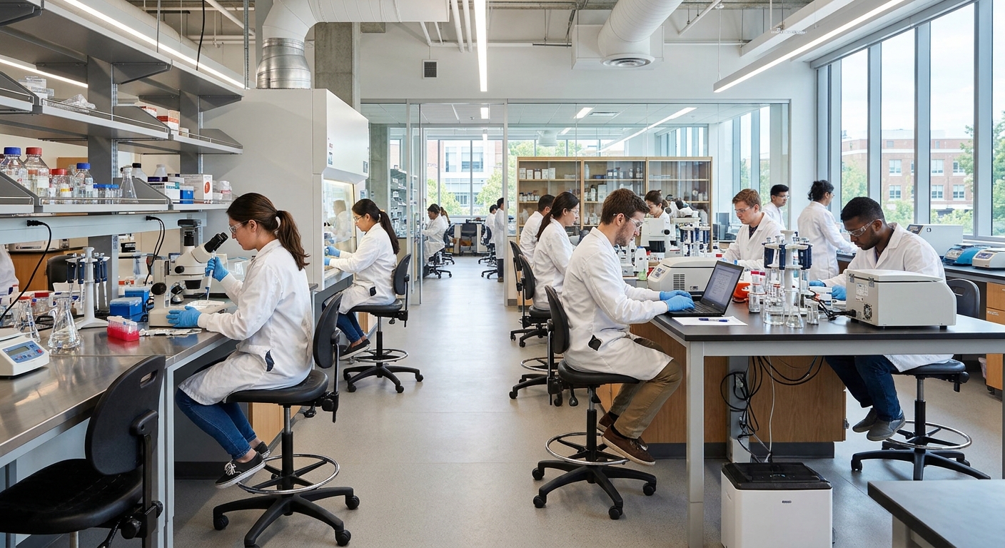 Ergonomic Lab Stools with Lumbar Support Backrest in Modern University Lab