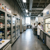 Floor-standing laboratory reagent storage cabinets with framed glass doors in an academic chemistry lab