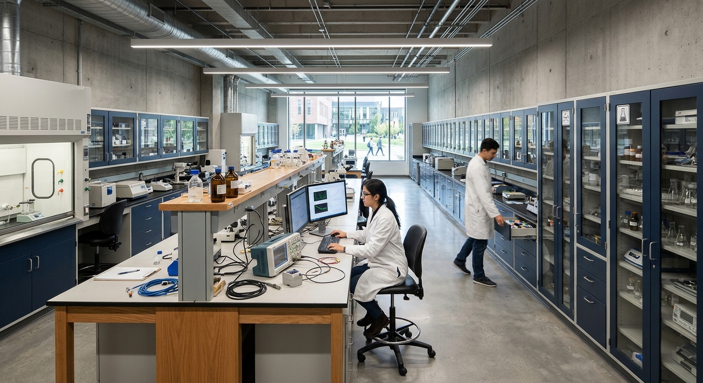 Heavy duty blue steel Instrument Cabinets in a high-density university science lab