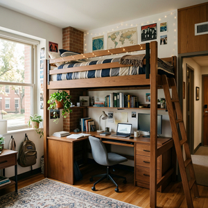Commercial grade university loft bed with desk workstation and rolling storage cabinet