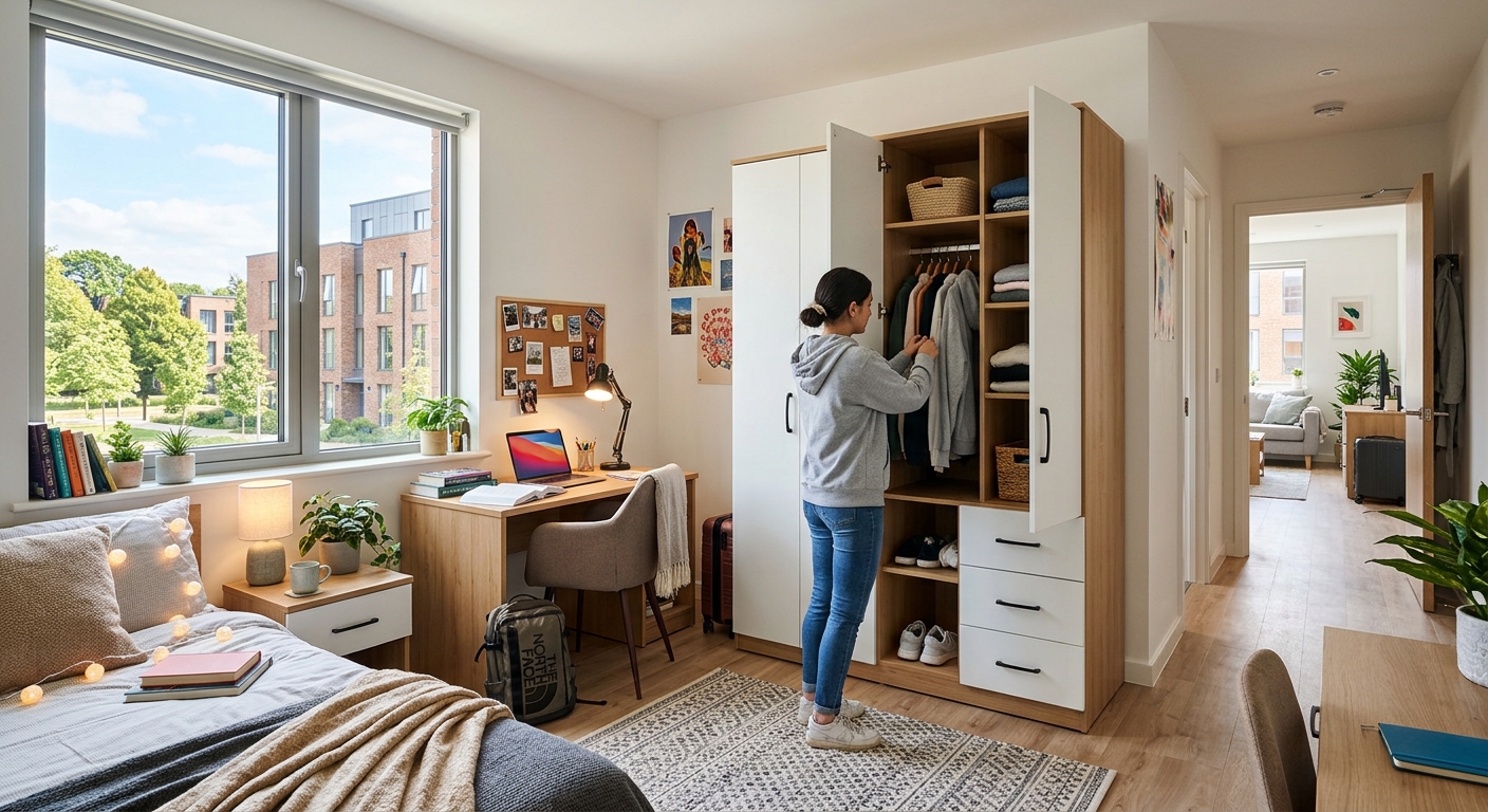 Two-tone white and oak student housing wardrobe featuring hanging rail, open shelves, and three storage drawers