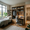 Student housing desk with built-in storage wardrobe, industrial black steel frame, open shelving, and integrated study table in a campus bedroom apartment