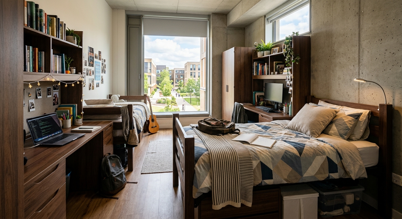 Commercial Higher Education Furniture Set Featuring Twin Wooden Student Apartment Beds and Study Workstations