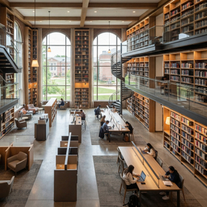A grand university library interior equipped with premium architectural bookcases and higher education furniture