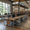 A contemporary library computer lab featuring rows of study carrels with integrated shelving, desktop computers, keyboards, and gray ergonomic chairs, located next to large windows and adjacent to tall wooden bookshelves.