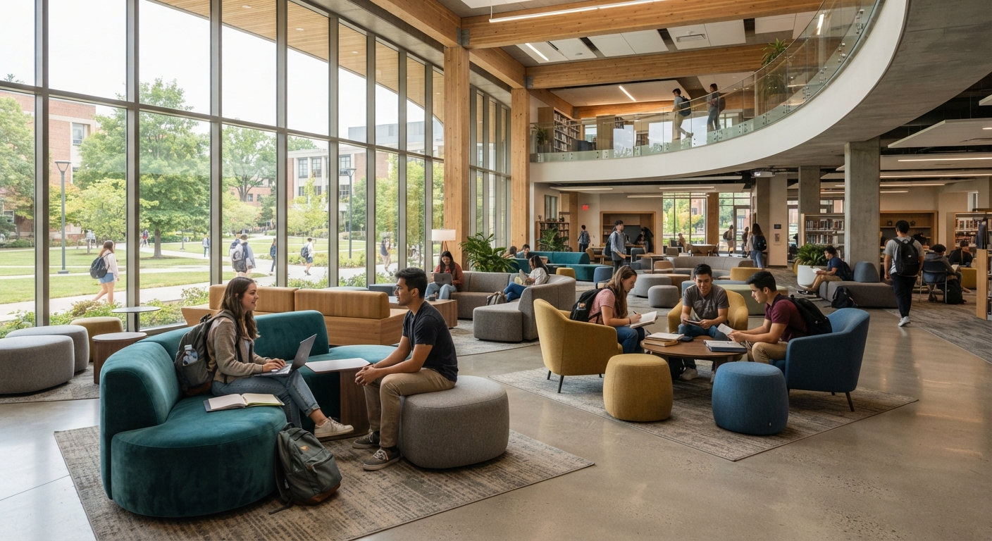 University commons area furnished with comfortable, colorful modular soft seating, creating an inviting space for student interaction and study.