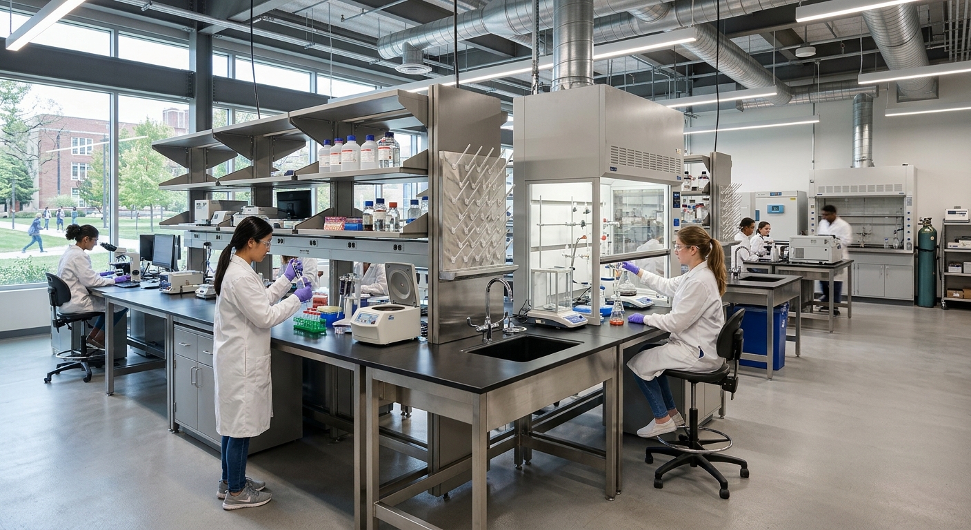 Modular university lab benches with grey steel storage cabinets and overhead gas lines supporting group research