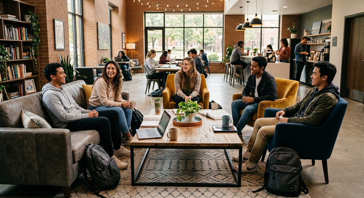 Modern university common room furniture setup featuring rustic wood coffee table and cozy lounge seating