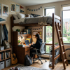 Scandinavian solid wood student loft bed with integrated desk and hutch shelving