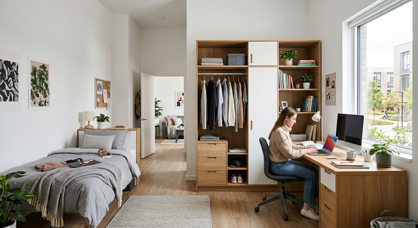 Modern modular dormitory furniture set featuring a student desk with wardrobe, black metal framing, open wardrobe hanging space, and integrated bookshelves