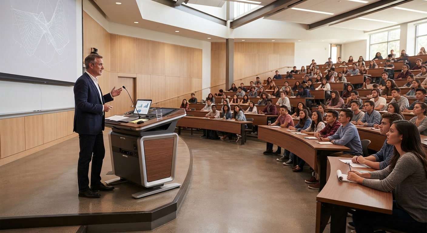 University Professor Desk and Higher Education Lectern set in a sleek tiered university amphitheater with engaged students